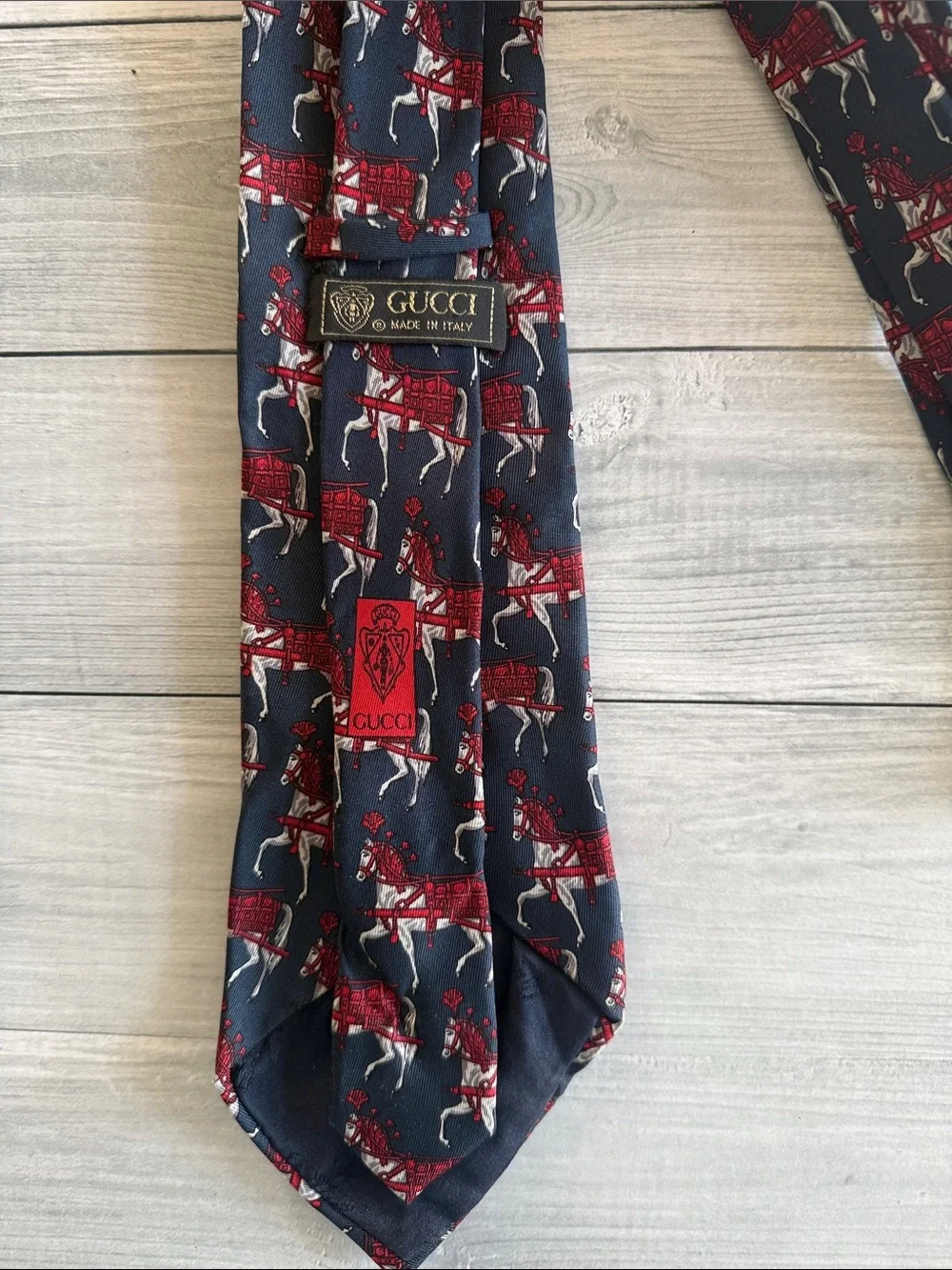 Vintage GUCCI Silk Tie Navy Blue Red Equestrian Horse Carriage Interlocking GG